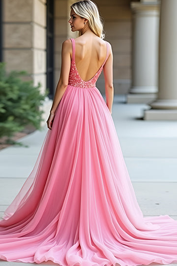 Pink Tulle V-Neck A-Line Ruched Long Wedding Guest Dress